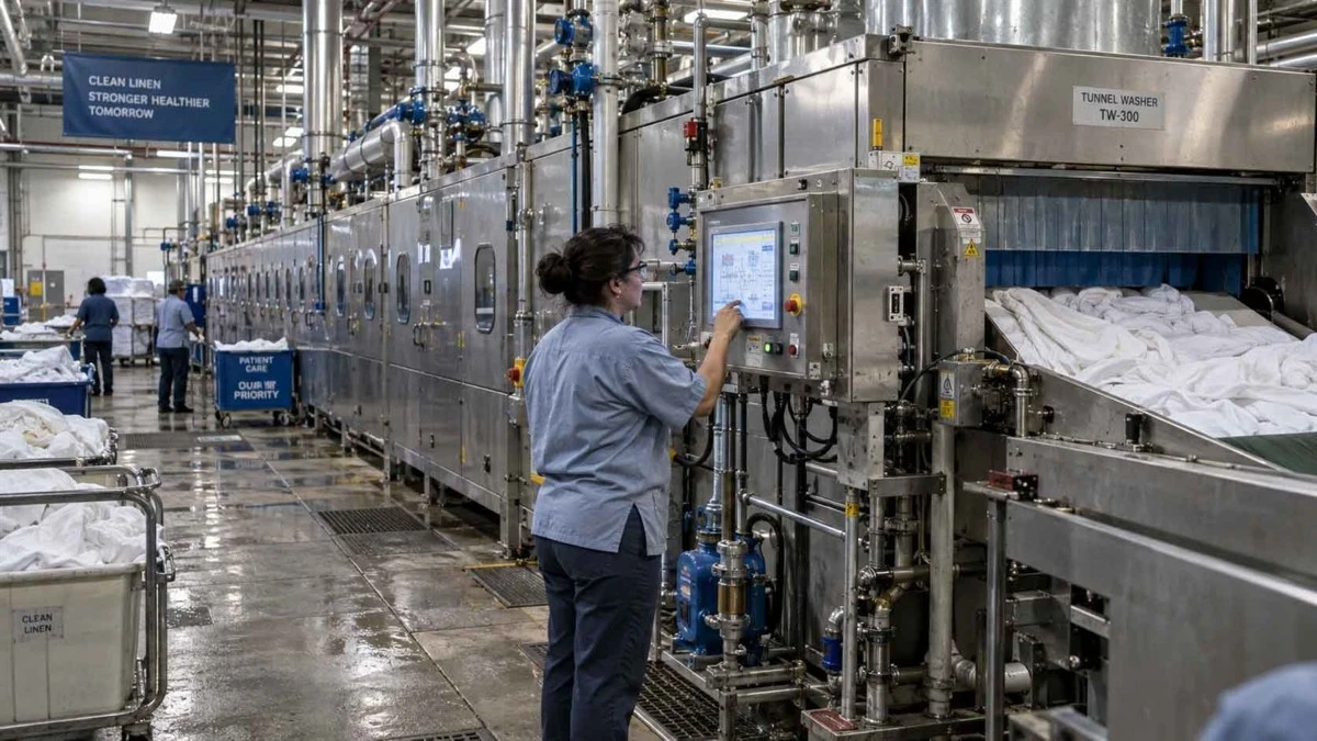 A large industrial laundry tunnel washer operating beside a touchscreen control station in a commercial laundry facility A large industrial laundry tunnel washer operating beside a touchscreen control station in a commercial laundry facility