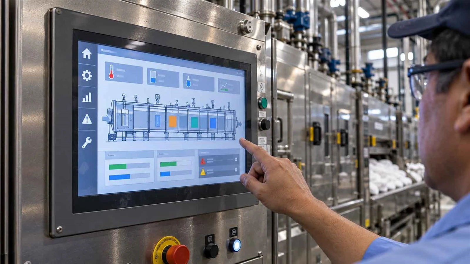 A touchscreen HMI shows laundry batches progressing through different sections of a tunnel washer A touchscreen HMI shows laundry batches progressing through different sections of a tunnel washer